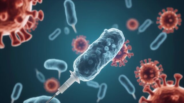 Microscopic view of various biological entities with focus on a bacterium injected by a syringe