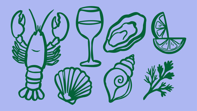 Hand drawn lobster and seafood platter elements with wine, shells, lemon and oyster, vector illustration