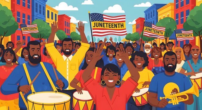 Vibrant juneteenth celebration with diverse crowd waving flags and playing musical instruments in a colorful city street