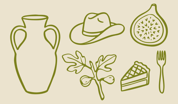 Minimalist amphora, cowboy hat, pie, knife, fig fruit and branches, hand drawn set, vector illustration