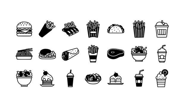 Trendy food outline icons set burger fries taco restaurant menu vector eps10