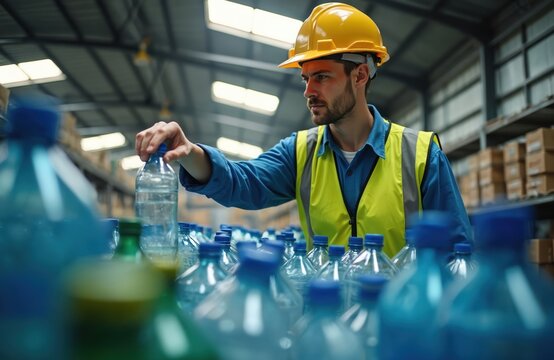 Factory worker inspects plastic bottles in recycling plant. Man wears hard hat and safety vest. Bottles sort for reuse in waste management facility.