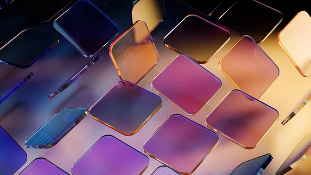 Colorful squared glass plates rotating in a seamless looping motion with chromatic dispersion