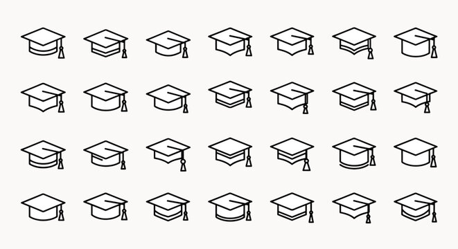 Seamless Pattern of Graduation Caps with Tassels Black Outline Icons on White Background Education Concept