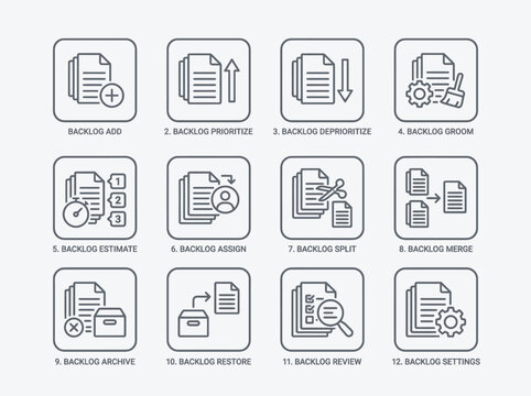 Scrum agile product backlog management process icons with minimalist outline design depicting add, prioritize, de-prioritize, groom, estimate, assign, split, merge, archive, restore, review,