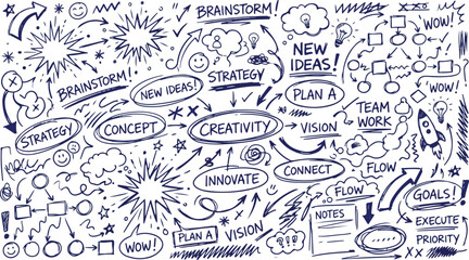 Naklejka premium Hand drawn business creativity doodles set with brainstorm strategy concept icons and flow charts on white background