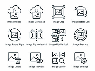 Fototapeta premium Collection of clean, modern, black and white outline icons representing essential digital image editing and management functions on a white background.