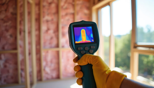 Hand with glove holds thermal camera. Inspecting wall insulation during home build. Shows heat loss detection for energy efficiency upgrades on construction site.