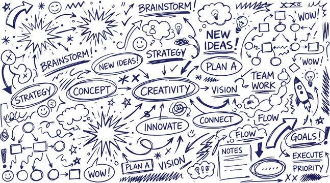 Hand drawn business creativity doodles set with brainstorm strategy concept icons and flow charts on white background