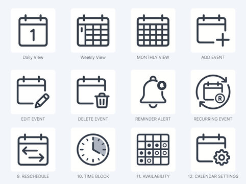 Modern flat outline calendar icons set daily, weekly, monthly view, add event, edit, delete, reminder, recurring, reschedule, time block, availability, settings.