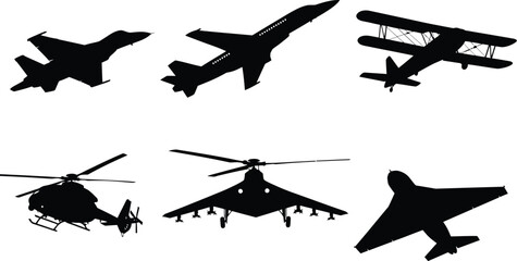 Comprehensive aviation silhouette collection, set of six black vector icons featuring fighter jets, vintage biplanes, helicopters, and commercial airliners isolated on white. © Only