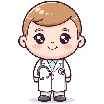 Cute chibi male doctor with white coat and stethoscope, soft shading and pastel tones, detailed vector illustration isolated on white background.
