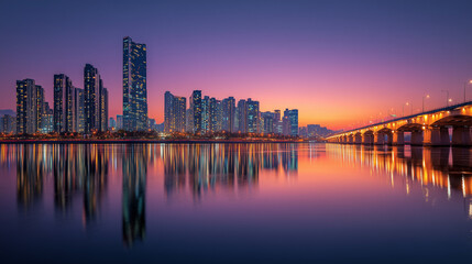 Fototapeta premium modern Seoul skyline with glowing skyscrapers reflecting on Han River at sunset, beautiful city landscape with Banpo Bridge and urban architecture, purple and orange twilight sky over Korea