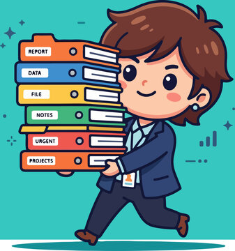 Busy professional carrying a stack of organized files and documents.