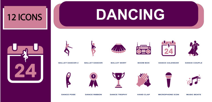 Dancing icon set. Containing ballet dancer, ballet skirt, boom box, dance calendar, dance couple, dance trophy, microphone, music notes, hand claps and more. Solid fill vector icons.