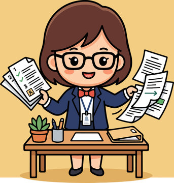 Busy professional woman managing documents and office tasks efficiently.
