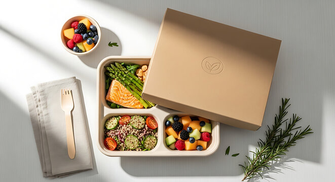 Sustainable meal prep box mockup, clean modern design, natural lighting, eco packaging concept, top view layout