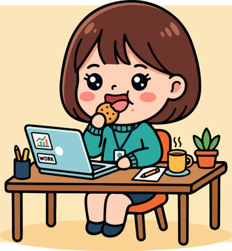 Cartoon girl working on laptop while eating cookie.