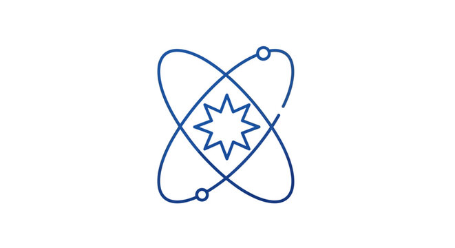 A blue line drawing of an atom symbol.