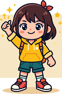 Cheerful cartoon girl with backpack giving a thumbs up gesture.