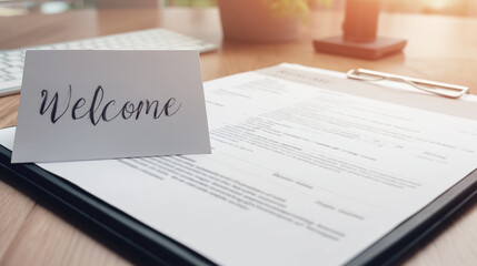 Obraz premium Professional Warm Welcome: Stylish Office Document Clipboard for Corporate Culture and Client Greetings