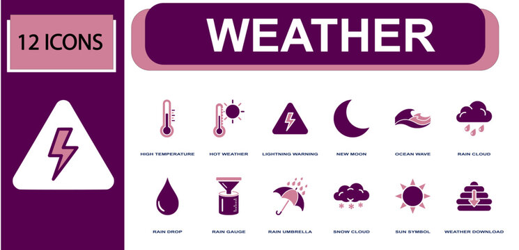 Weather icon set. Containing thermometer, hot weather, lightning warning, new moon, ocean wave, rain cloud, rain gauge, snow cloud, sun symbol and more. Solid fill vector icons.
