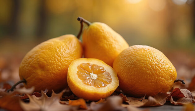 Group of ripe ugli fruits sit on autumn leaves. One fruit cut showing juicy pulp. Warm sunlight filters through trees creating soft bokeh background. Seasonal harvest concept.