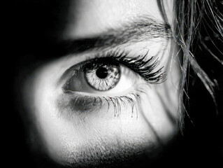 Fototapeta premium Intense black and white portrait focused on a detailed human eye with dramatic lighting highlighting eyelashes and skin texture in a mysterious close-up view