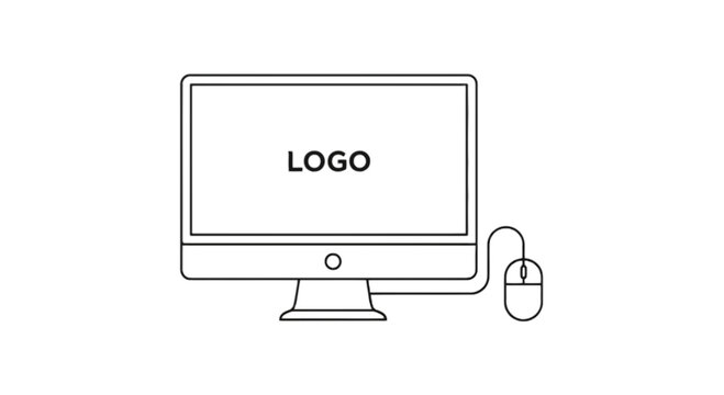 Minimalist computer monitor with mouse connected for logo display isolated on transparent background, Vector