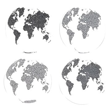 Four stylized grayscale world maps, textured, in a circular format, against a white backdrop