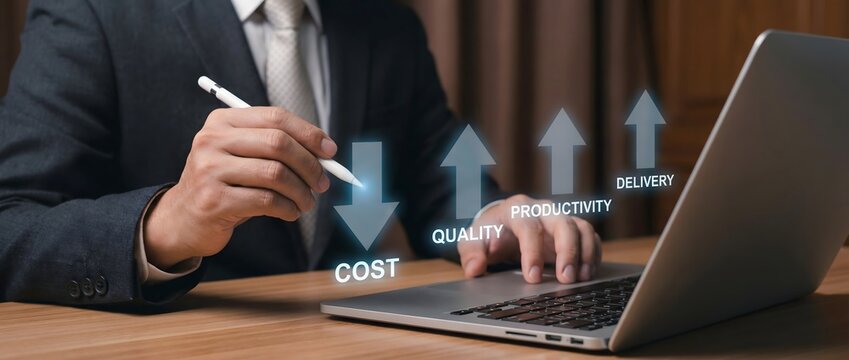 Businessman in a suit is indicating improved quality, productivity, delivery, and reduced cost metrics.