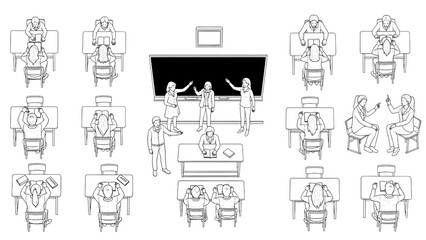 Obraz premium Top-Down Classroom Students Architectural Blueprint Vector Set, Monochrome Style Educational Human Activity Illustration on White Background