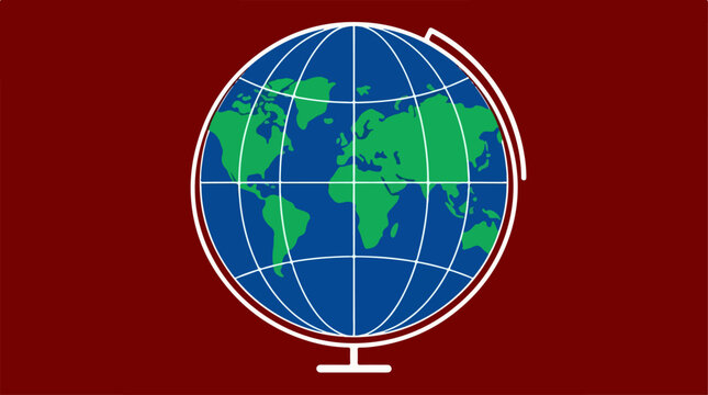 Globe illustration on a red background representing the world.
