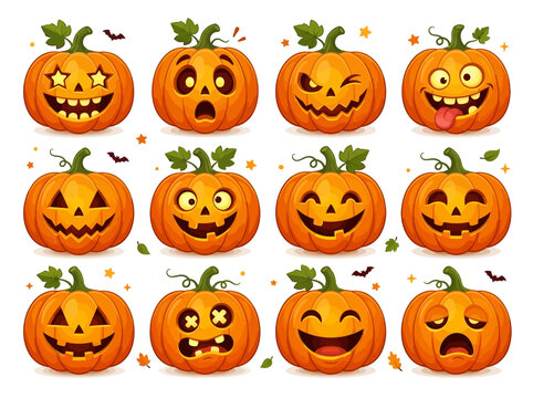 Collection of 12 cartoon pumpkins with various funny faces and expressions for Halloween, in a colorful, playful, and vibrant digital art style, with autumn leaves and confetti on a white ba