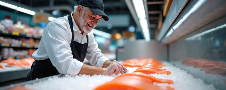 Man in uniform arranges raw salmon fillets on ice. Smiling fishmonger works at supermarket counter preparing seafood for sale. Fresh fish display attracts customers.