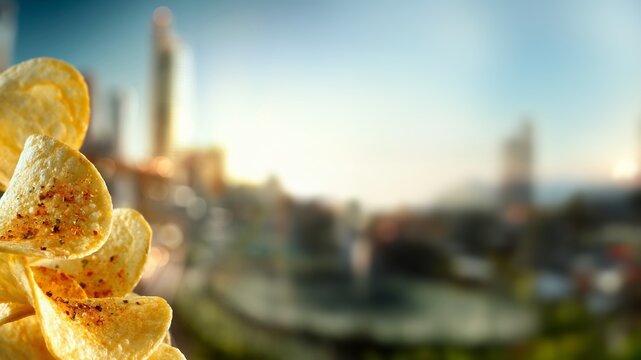 Einzelne Chips-Scheibe im Vordergrund mit Stadtpanorama im Hintergrund
