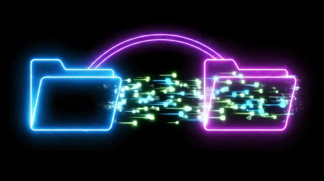 Futuristic Data Transfer Concept featuring glowing neon folders with moving digital particles on black background, ideal for technology presentations and cybersecurity videos.