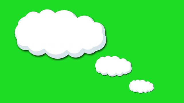 empty cartoon thought bubble blank with copy space formed of 3 fluffy comic book clouds to express thoughts or speech floating left, animated on a green screen background 4K