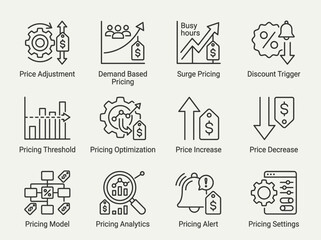 Fototapeta premium Collection of twelve black line icons illustrating various pricing strategies and financial concepts for business optimization and market analysis