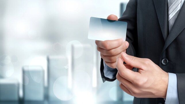 Gesch&auml;ftsmann h&auml;lt Kreditkarte mit beiden H&auml;nden im Anzug