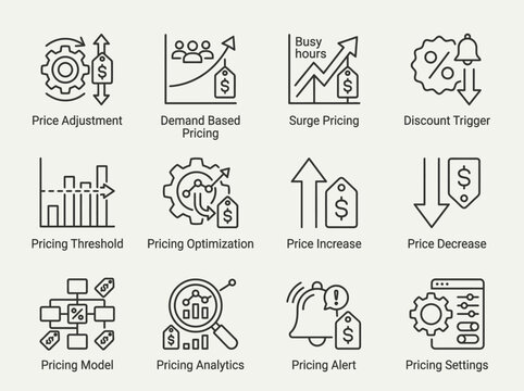 Collection of twelve black line icons illustrating various pricing strategies and financial concepts for business optimization and market analysis
