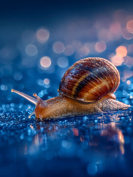 A detailed macro photograph of a small snail with a brown striped shell gliding across a shiny blue surface with vibrant bokeh lights in the background creating a ma