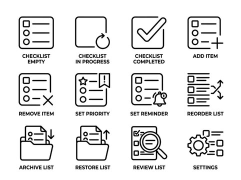 Set of 12 black line icons for checklist management, including empty, in progress, completed lists, add, remove, prioritize, set reminders, reorder, archive, restore, review, and settings on