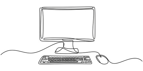 Continuous one line drawing of a desktop computer with monitor keyboard and mouse © JCS Graphic Design 