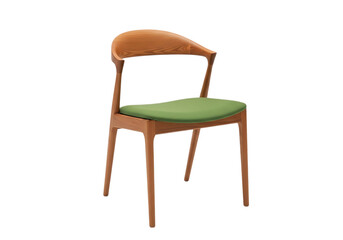 Fototapeta premium Modern wooden chair with green cushioned seat and curved backrest isolated on white background