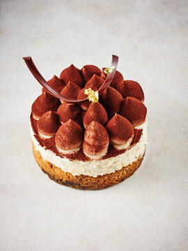 This image features a layered tiramisu cake topped with cream and chocolate decorations. Ideal for restaurant menus, dessert blogs, and festive event promotions