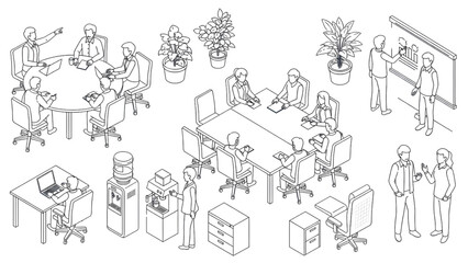 Obraz premium Isometric Office Meeting Workspace Architectural Blueprint Human Activity Vector Set, Technical Line Style Illustration, Isolated White Background