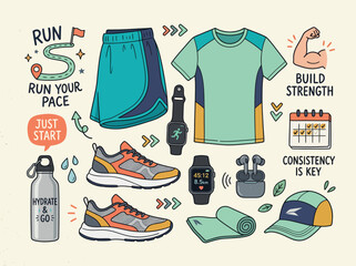 Naklejka premium Fitness motivation concept with running gear, athletic wear, accessories, and inspirational quotes for exercising, workout routine, and healthy lifestyle