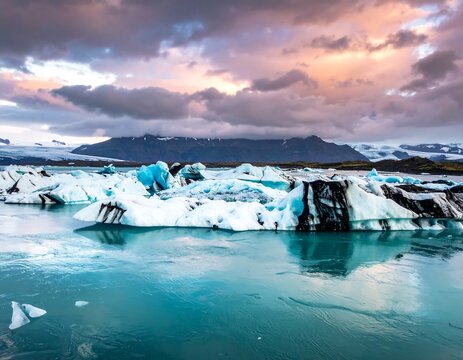 Glacial lagoon scene with floating icebergs reflecting in tranquil, azure water. Dramatic cloudy sky