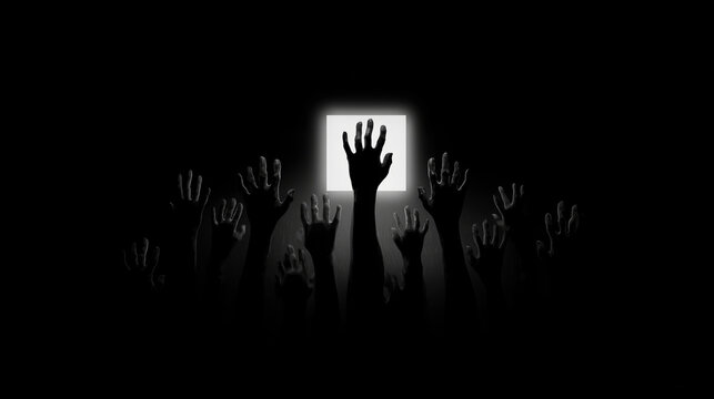 Silhouettes of hands reach out to the light. A dark background with many hands pointing towards a bright rectangular light source in the center